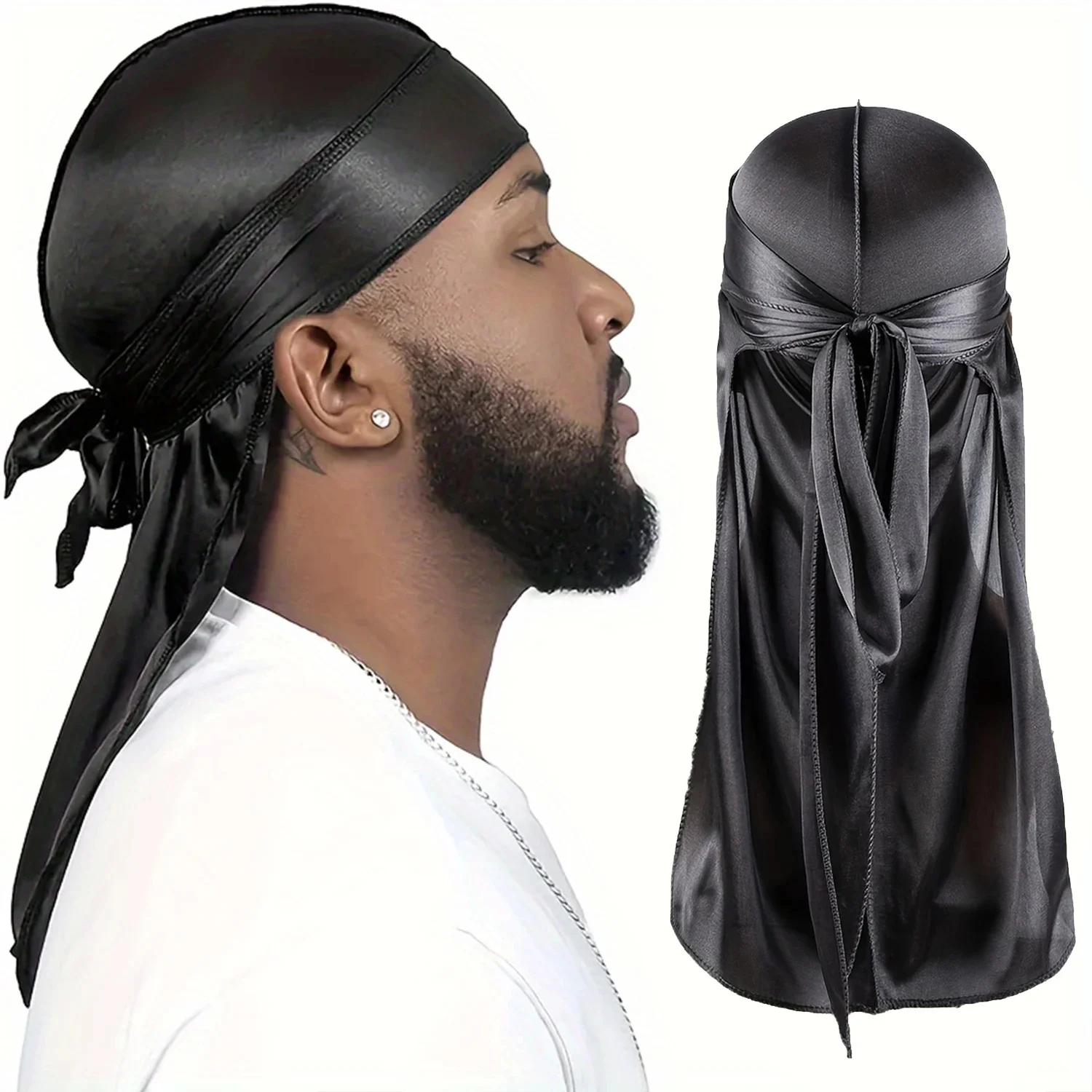 Bonnet Durag en soie pour hommes, Bandana soyeux Du Rag Doo Rag, casquette à longue queue ondulée