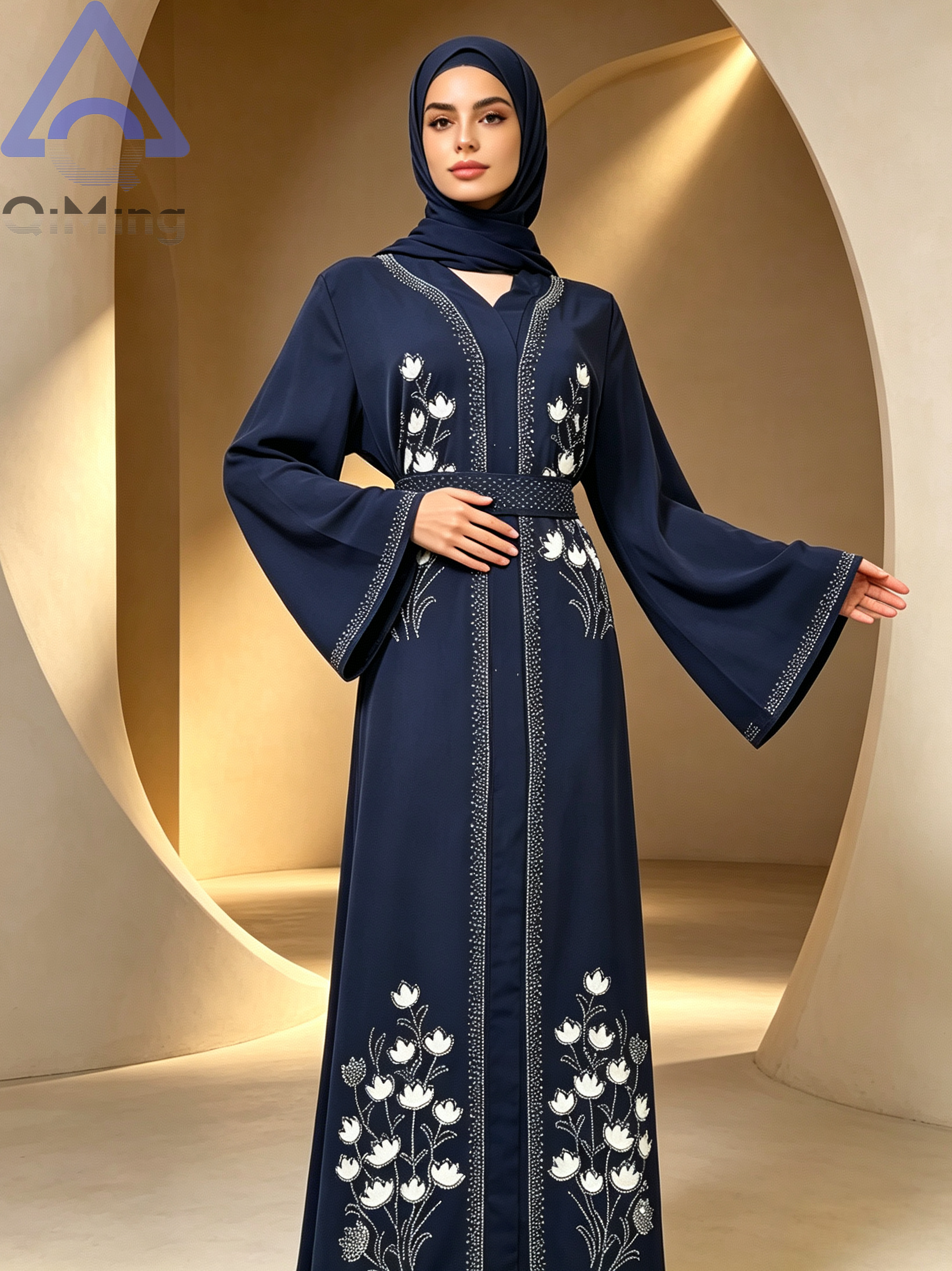 Abaya florale exquise en strass QiMing, Kaftan de Dubaï modeste, Maxi Jalabiya pour femme, Robe de soirée et de fête islamique à manches longues pour l'Aïd