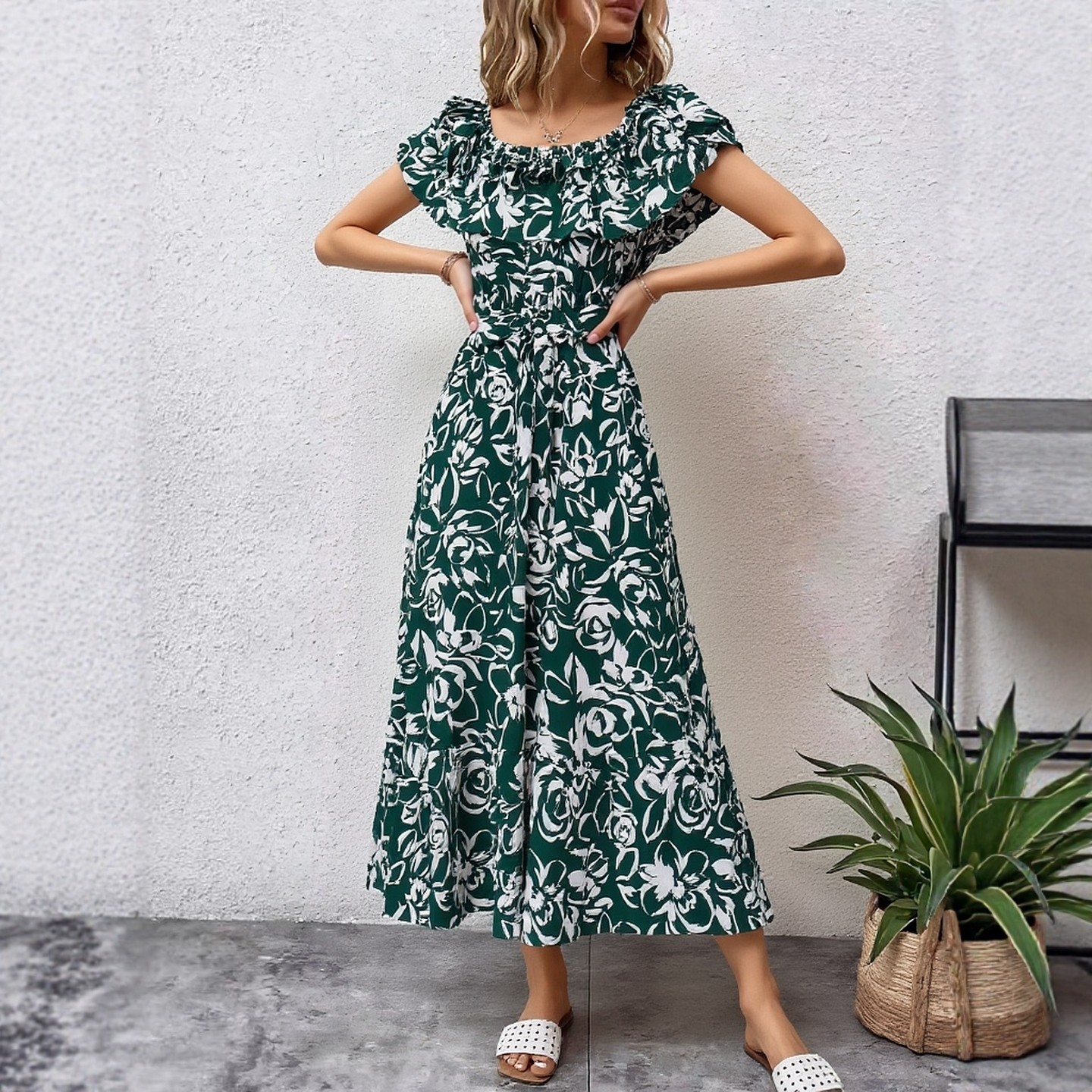YuooMuoo Robe longue florale pour femme, épaules dénudées, style coréen, à volants, taille ajustée, coupe trapèze, robe de soirée, bohème d'été, ceinturée, robe de plage