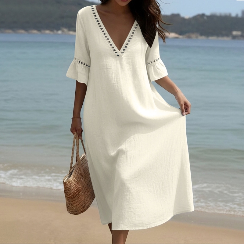 Robes longues fluides en dentelle à manches mi-longues et col en V pour femmes, coupe ample en gaze de coton