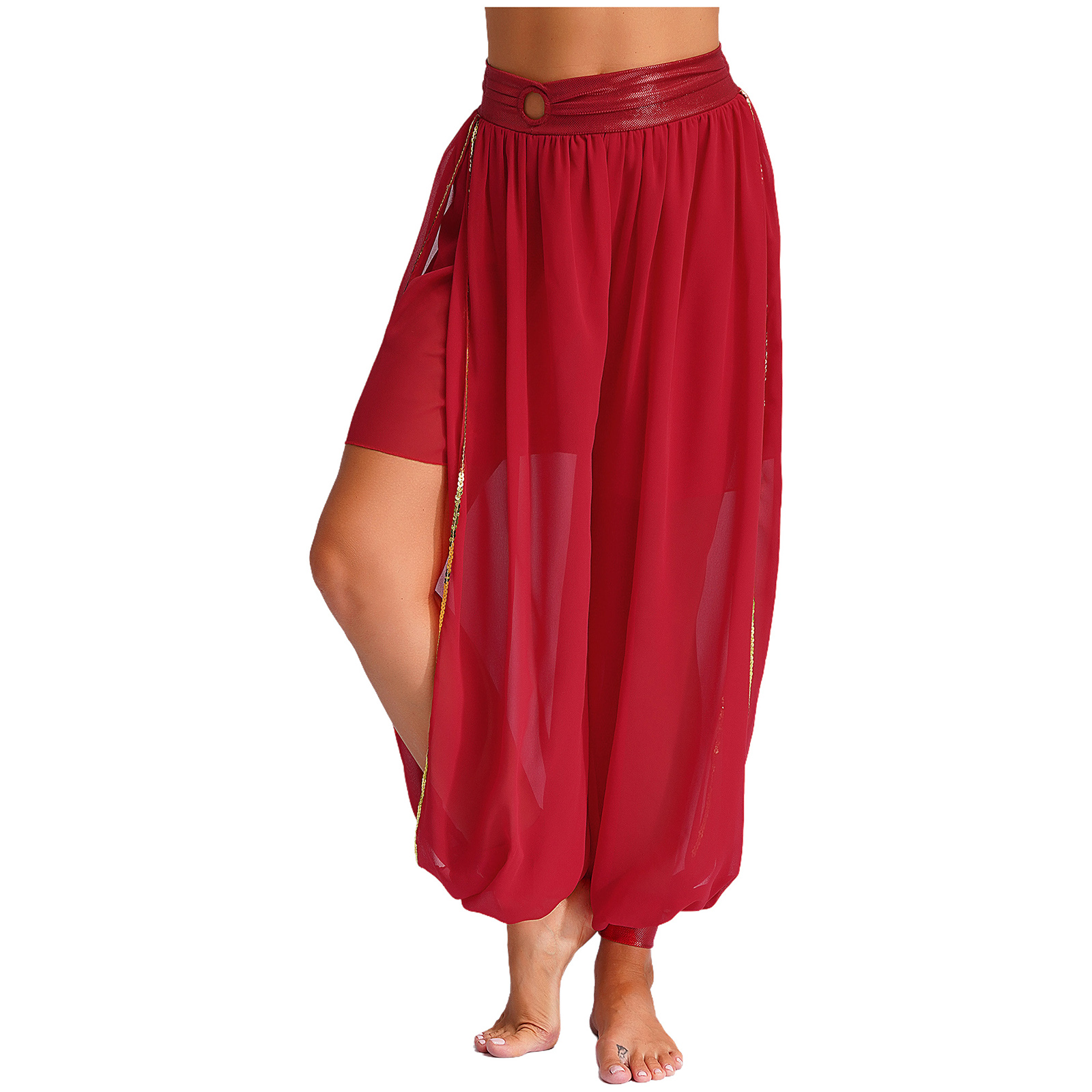 Pantalon bouffant en mousseline de soie pour femme, pantalon fendu sur le côté, anneau rond, ceinture froncée, danse du ventre indienne, soirée à thème Halloween, costume de carnaval