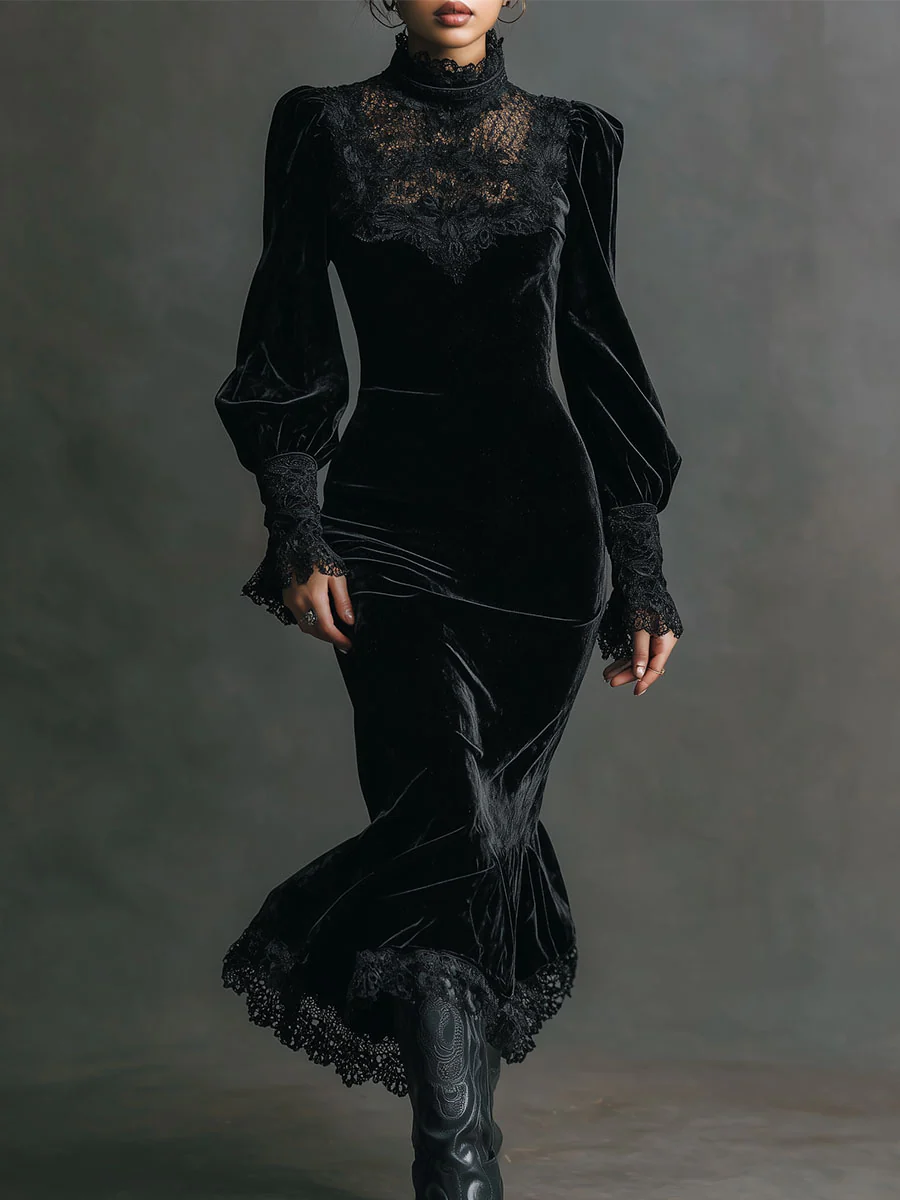 Robes longues en velours pour femmes, robe moulante gothique avec patchwork de dentelle, robe de soirée élégante à manches lanternes pour femme, Vestidos