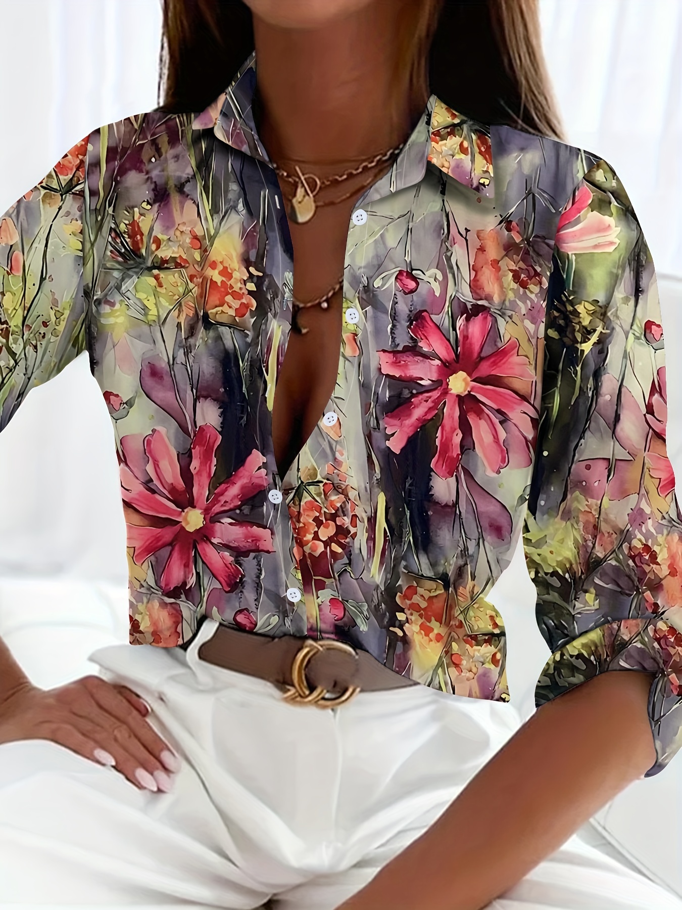 Chemisier à imprimé floral pour femmes, chemises décontractées, chemise à manches longues pour le printemps et l'automne, vêtements pour femmes, Y2K, Y