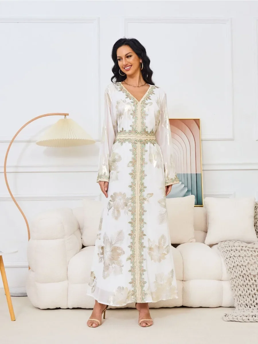 Robe de soirée pour femmes musulmanes, caftan turc, Abaya Jalabiya, robes de Ramadan, caftan marocain, col en V, ceinture brodée, robe éducative, Eid