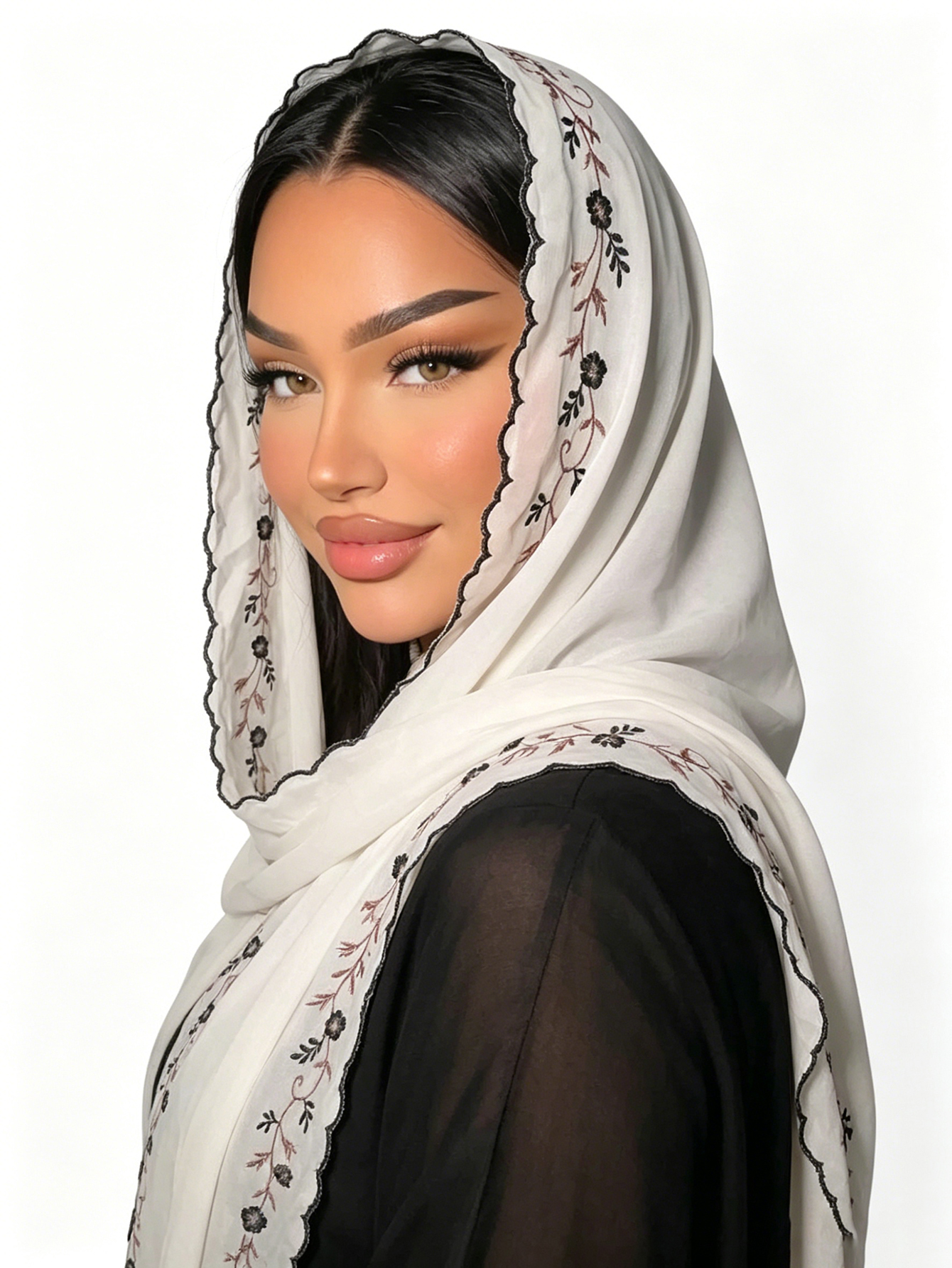 Hijab en Chiffon Brodé Floral avec Bord Ondulé, Écharpe pour Femmes Musulmanes, Voile Doux, Châle Islamique pour Dames
