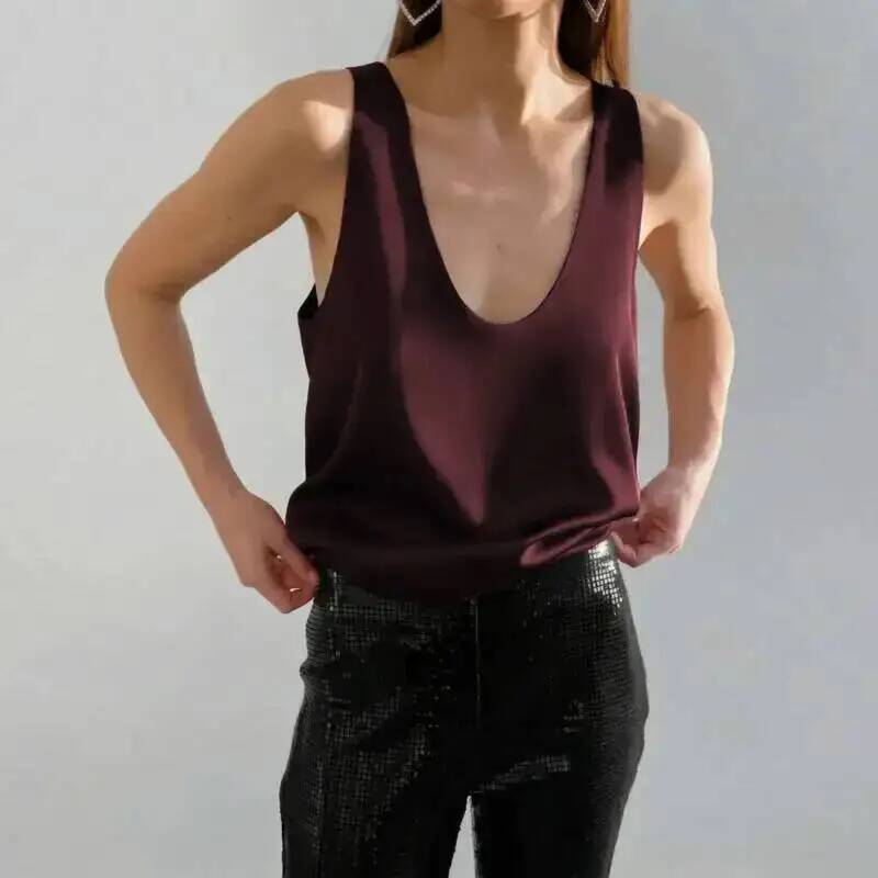 Débardeur en satin à col en U sans manches pour femme, style urbain polyvalent noir et blanc, avec doublure intérieure polyvalente