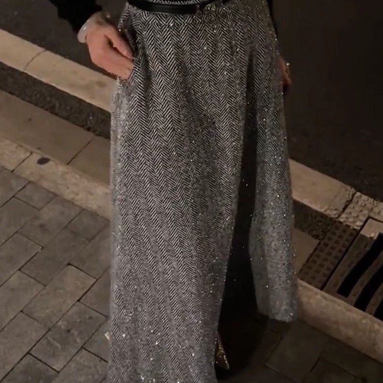 Jupe Style coréen femmes gris taille haute paillettes jupes en laine Faldas Largas Юбка concepteur de luxe tendance Jupe longue