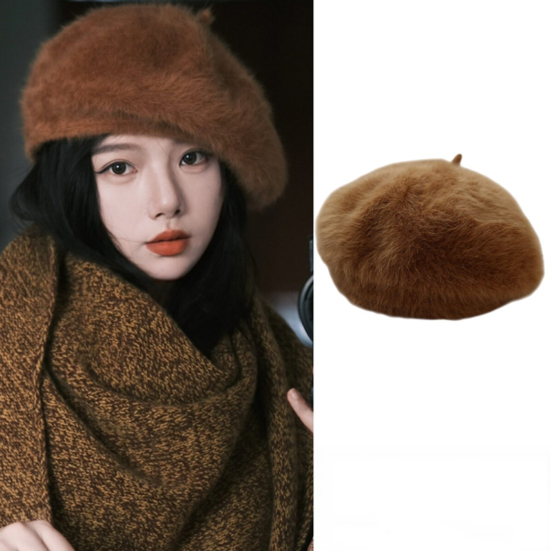 Béret d'hiver chaud en peluche pour femme, chapeau de gavroche doux en fausse fourrure de lapin, résistant au froid, pour femme et fille, élastique, couleur unie, chapeau de peintre et d'artiste