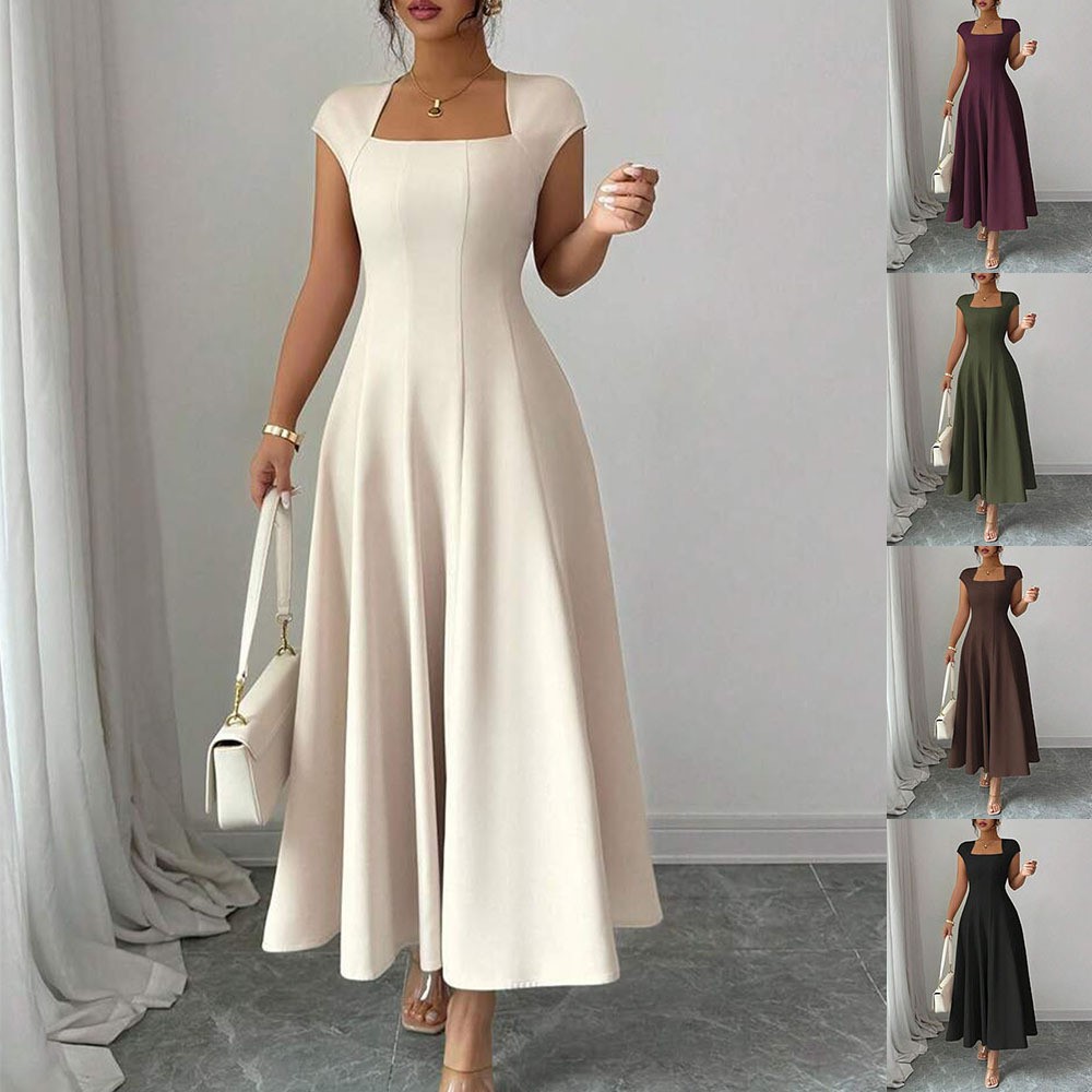 Robe de soirée élégante 2026 pour femme, coupe trapèze, pour fête, mariage, ou banquet, à manches courtes, couleur unie, style raffiné