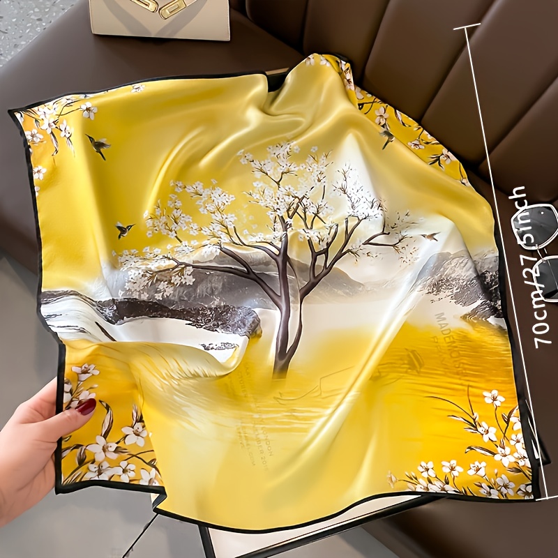 Écharpe carrée à imprimé Floral jaune de 27,56 pouces, avec bordure noire, accessoire élégant pour femmes, accessoire de mode, écharpe de cou