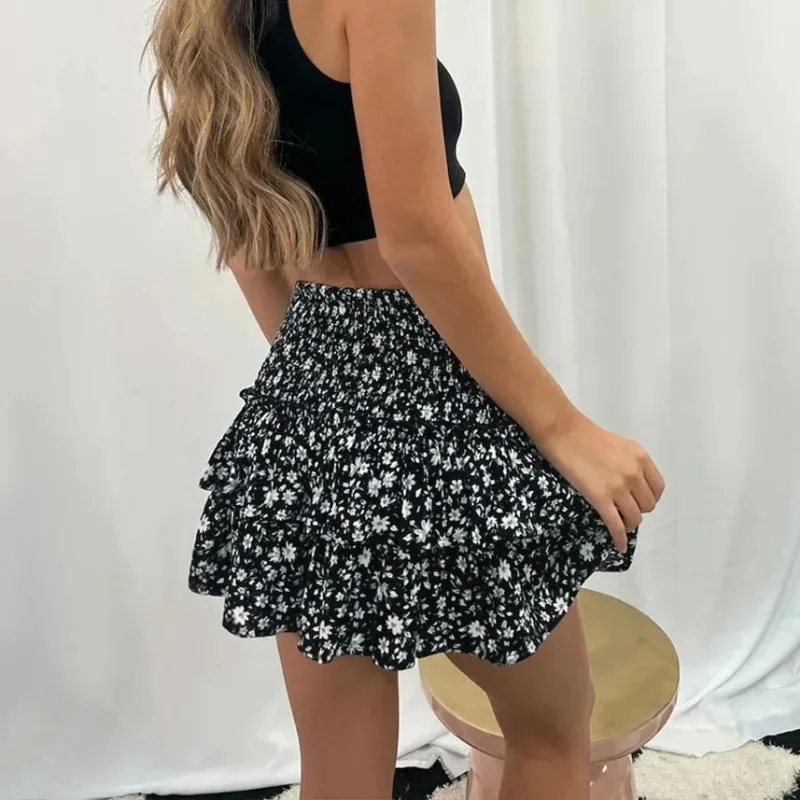 Mini jupes imprimées décontractées pour femmes, mode d'été, taille haute, à volants, jupes courtes plissées Y2K, 2024