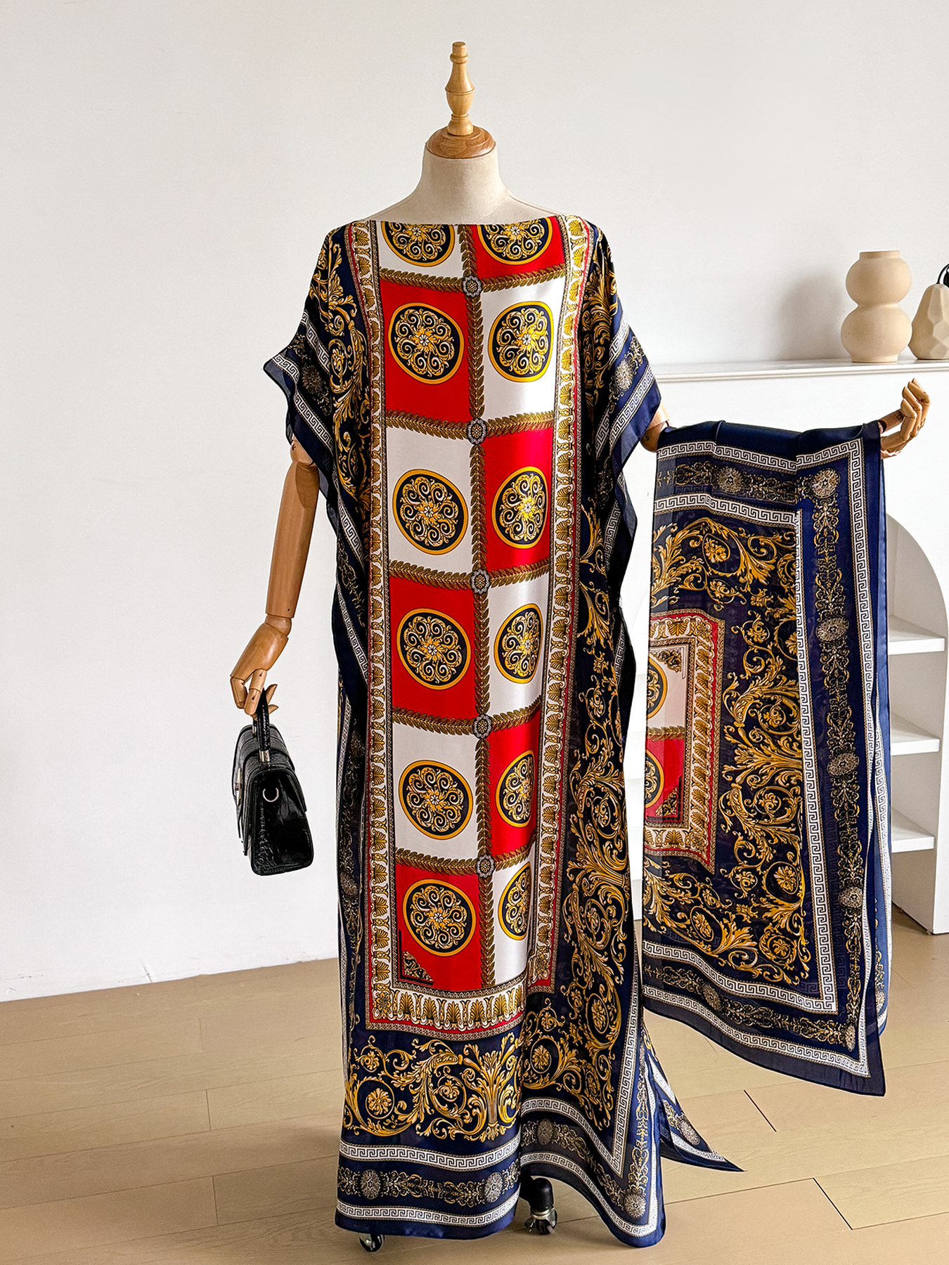 Abaya vintage baroque à imprimé satiné avec foulard, kaftan maxi ample pour femmes musulmanes africaines, tenue d'été pour la plage et les vacances