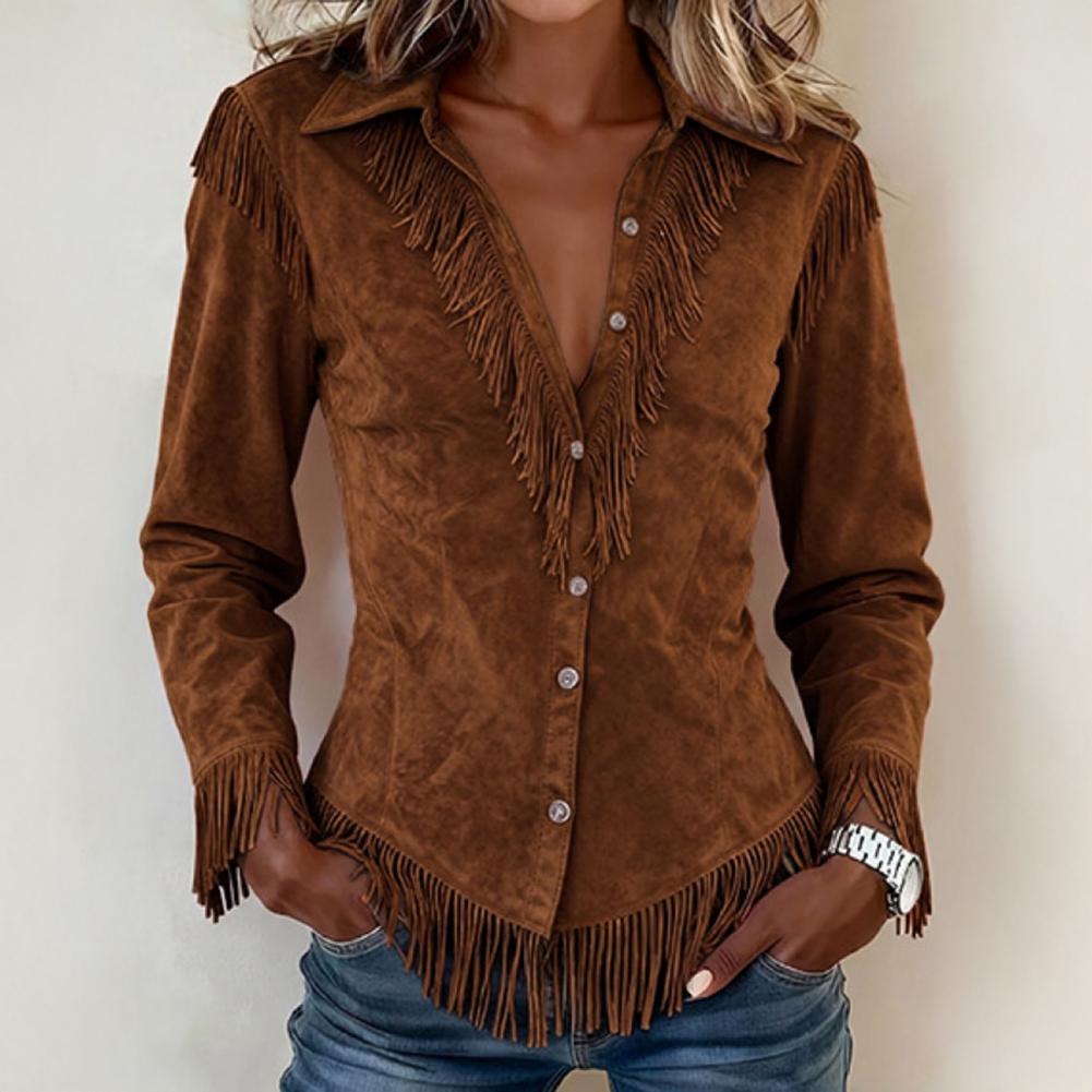 Chemise à franges pour femme, nouveau style western cowboy, en daim, ajustée, à manches longues, élégante, chemisier à franges pour cowgirl