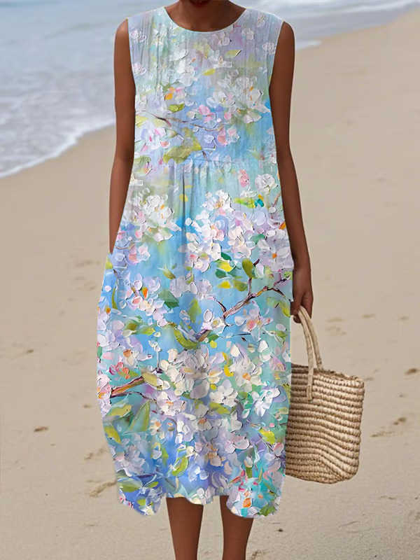Robe longue pour femmes, imprimé Floral, col rond, sans manches, épissure élégante, Y2k, Streetwear, décontractée, ample, travail, été