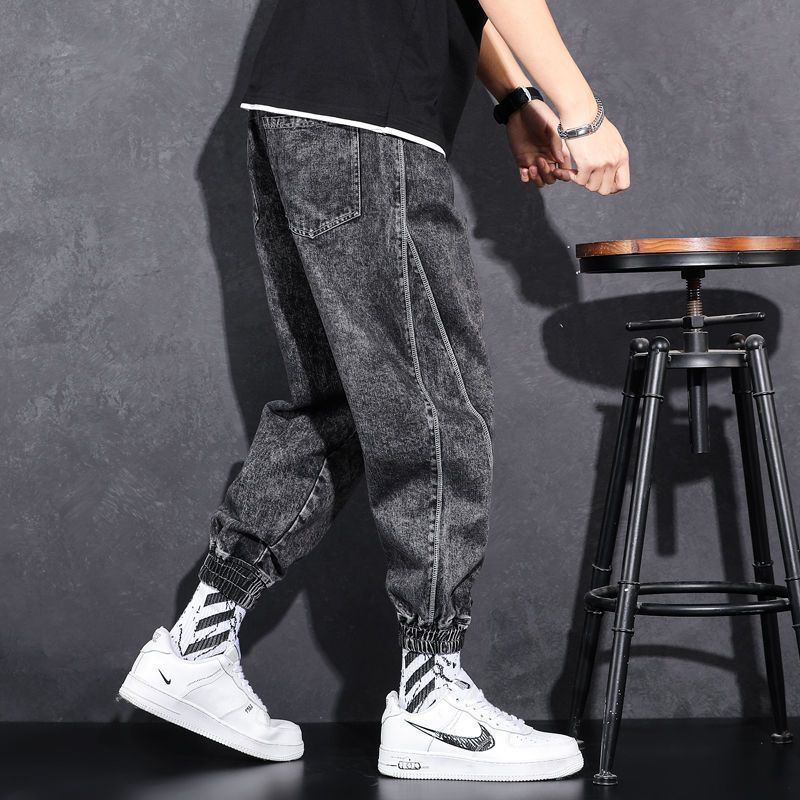Jean en Denim ample à taille élastique pour hommes, mode décontractée, vêtements de travail de printemps, pantalon noué au pied avec marque, vêtements de travail, Baggy, 2024