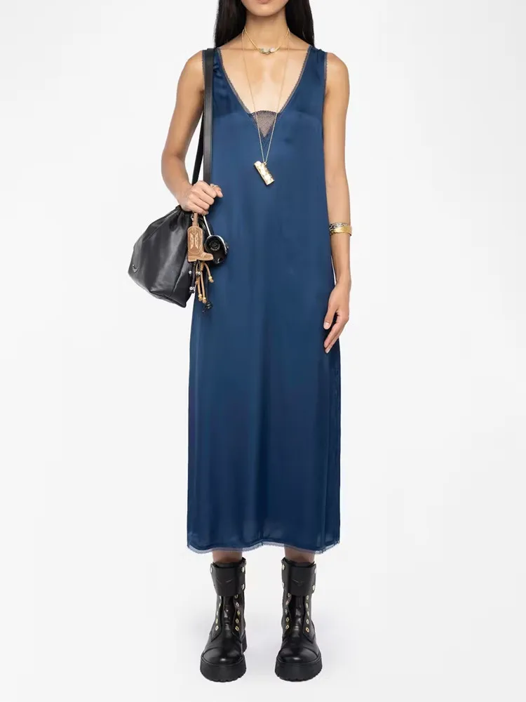 Robe mi-longue en Satin et dentelle pour femmes, 100% Viscose, épissé, col en v, dos nu, fente latérale, pour femmes