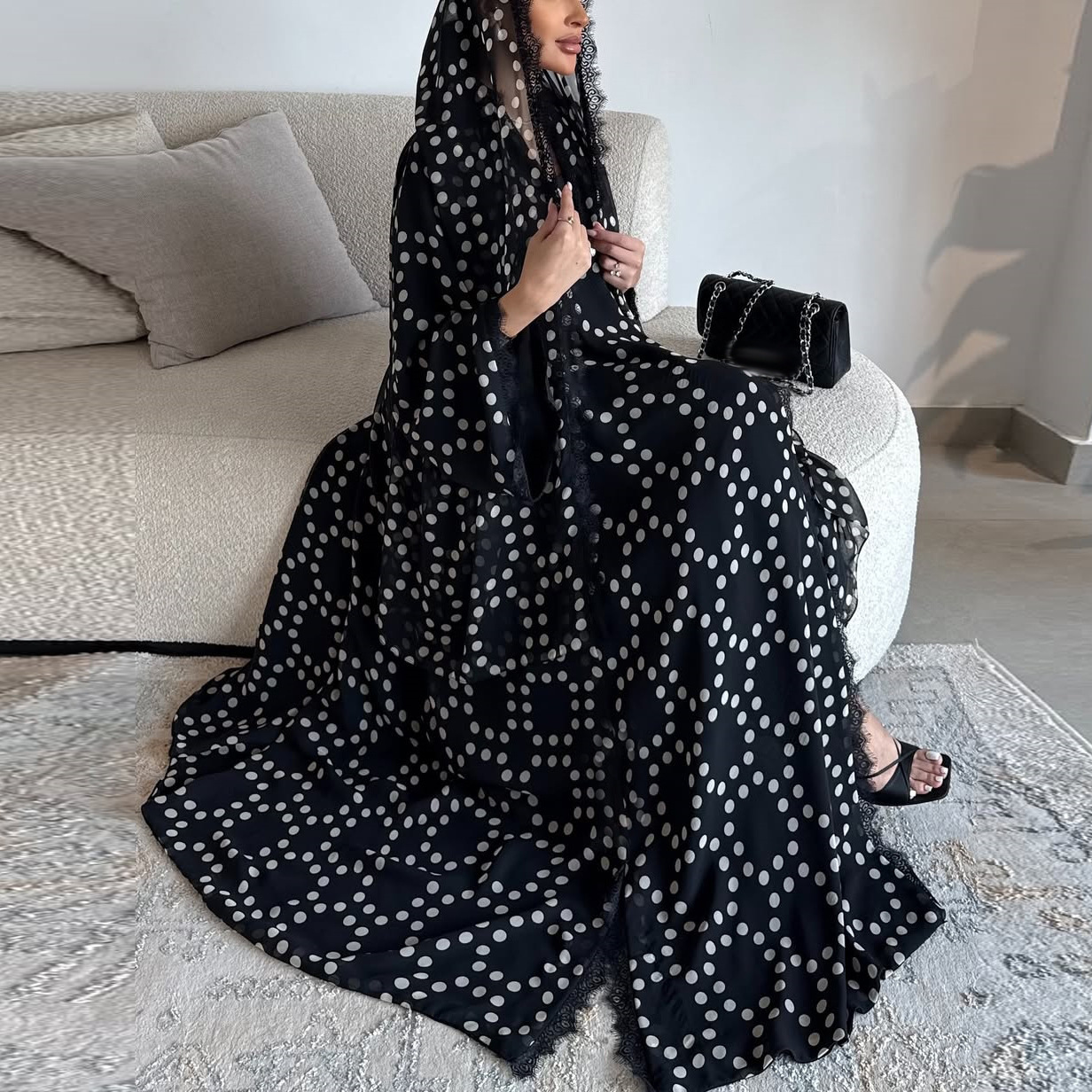 Nouvelle Abaya Cardigan en Chiffon à Pois pour Femmes du Moyen-Orient avec Voile et Dentelle, Robe Longue Tendance