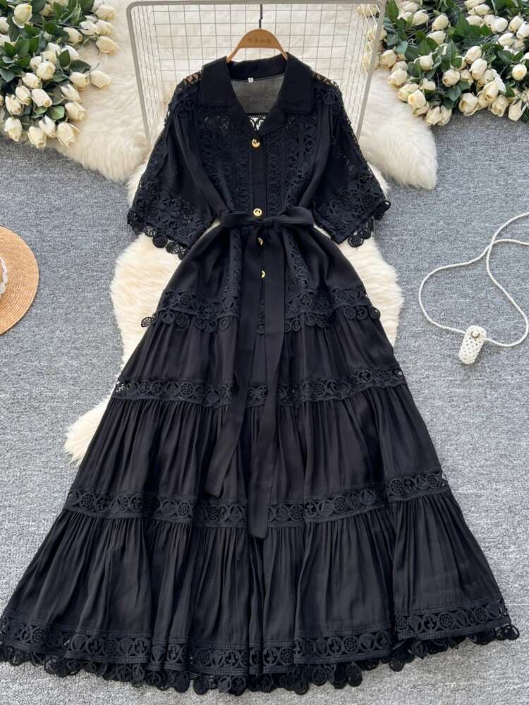 Printemps été Vintage Robe longue femmes dentelle creuse Patchwork à manches courtes revers élégant chemise robes dames de luxe longue Robe