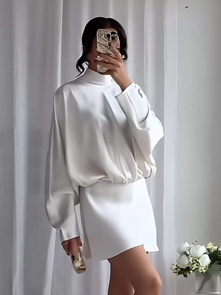 HH femmes mode soie Satin Texture écharpe conception nœud papillon robe femme élégante Simple col haut à manches longues tenue décontractée Mujer