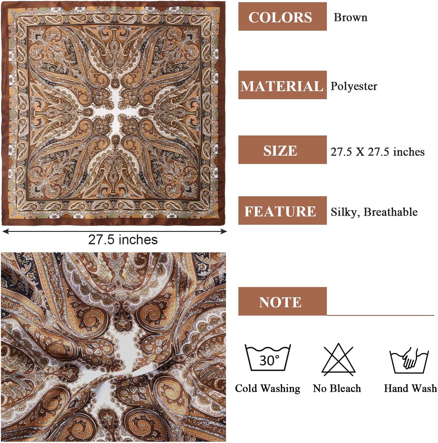 1 pièces 27,5 pouces foulard en satin soie comme écharpe de cheveux tache Bandana enveloppe de cheveux foulard pour les femmes (marron)