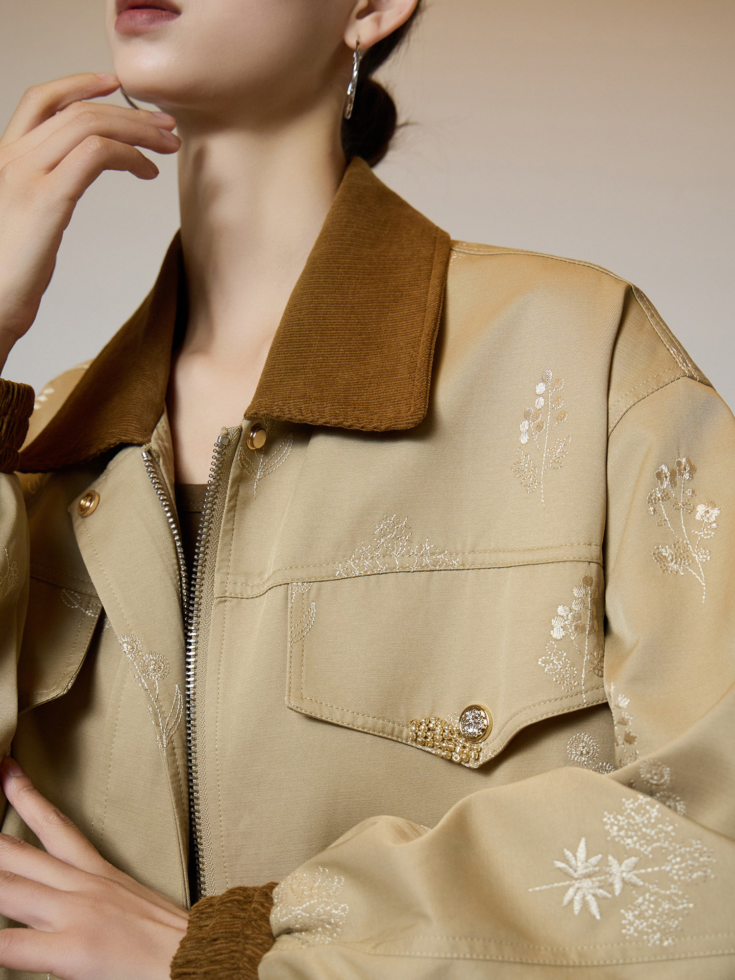 Veste Courte Brodé pour Femme, Manteau Utilitaire Vintage, Coupe Ample Décontractée, Vêtement de Travail Printemps-Automne, Tendance Mode