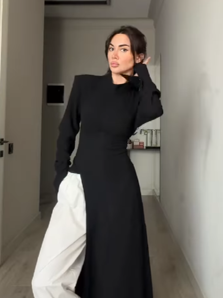Robe longue décontractée à col montant et manches longues pour femme, élégante, amincissante à la taille, avec fente au bas, tenue unique et chic pour le travail et les réunions