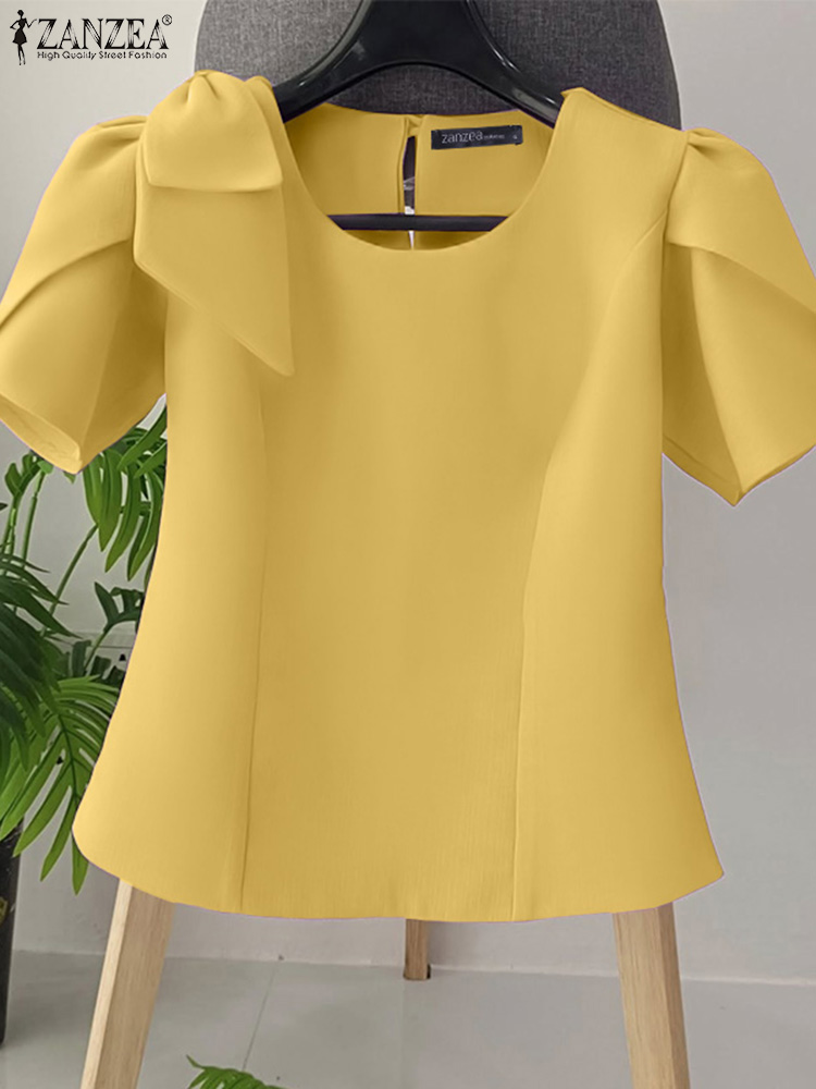 Femmes Blouse ZANZEA élégant bureau dame été manches courtes bouffantes nœud mode chemises 2025 décontracté couleur unie hauts tunique Blusas