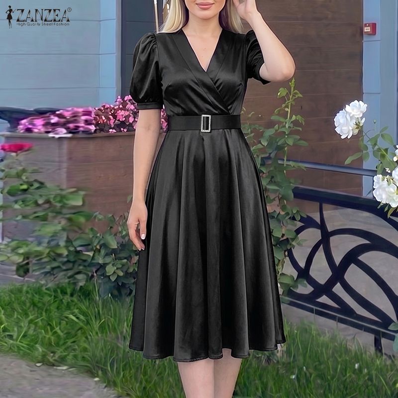 ZANZEA – robe mi-longue en satin soyeux pour femmes, élégante, col en v, manches courtes bouffantes, ceinture, coupe trapèze, robe de Cocktail gracieuse