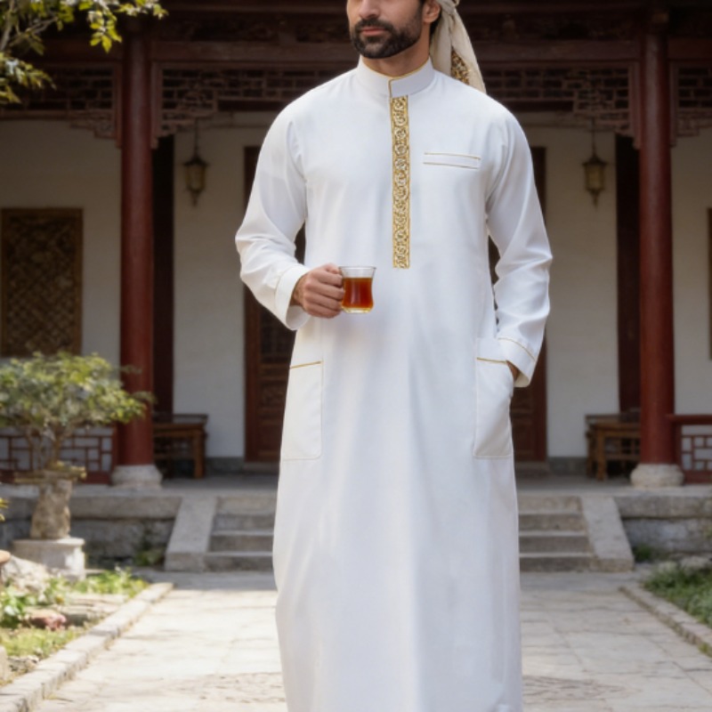 Thobe arabe pour hommes, brodé, à manches longues, coupe ample, Jubbah islamique pour la prière, tenue formelle