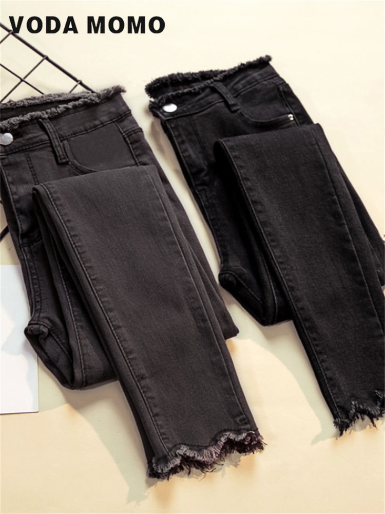 Jean en denim noir pour femmes, pantalon moulant, bas de commande