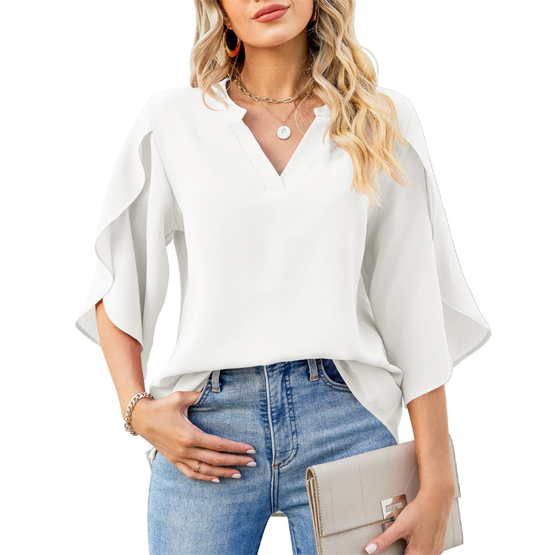 Femmes été Style chemisiers en mousseline de soie chemises dame décontracté manches courtes évasées col en v Blouse ample hauts