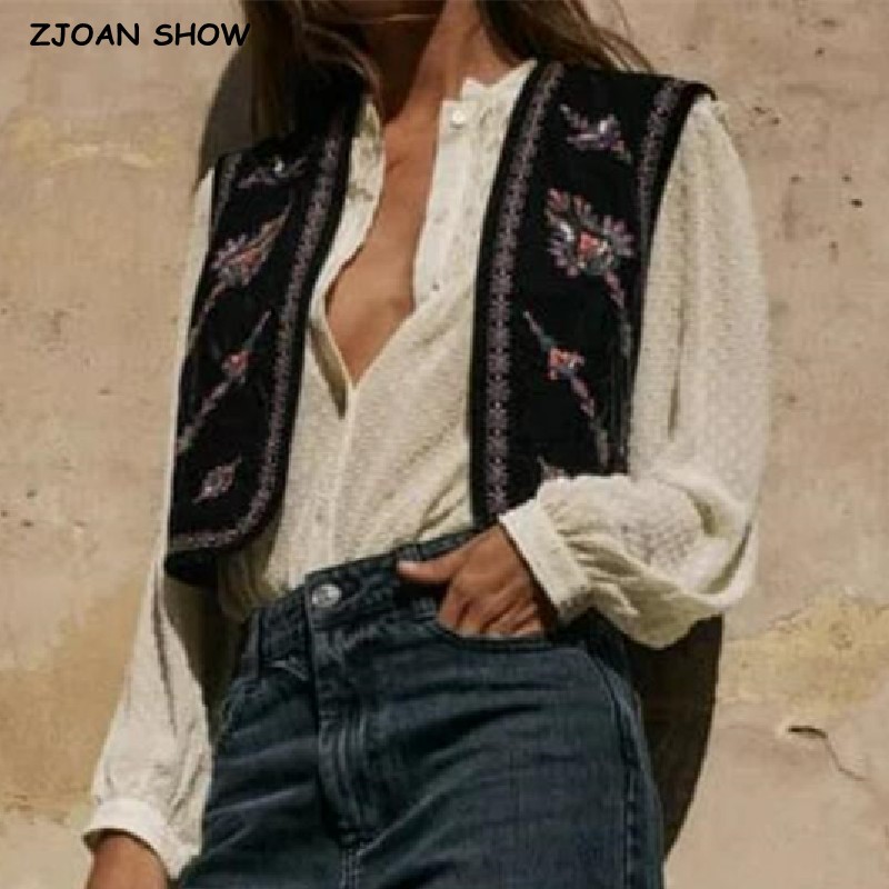 Gilet ouvert en velours pour femme, broderie de fleurs, perles ethniques, paillettes, veste en velours, vacances, 2023