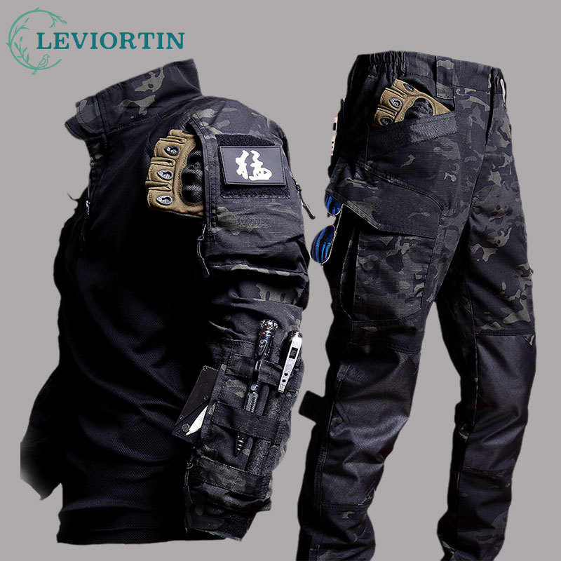 Costume de travail pour hommes, vêtements d'extérieur, t-shirt et pantalon à manches longues, vêtements de chasse résistants à l'usure, costume de Camping pour hommes