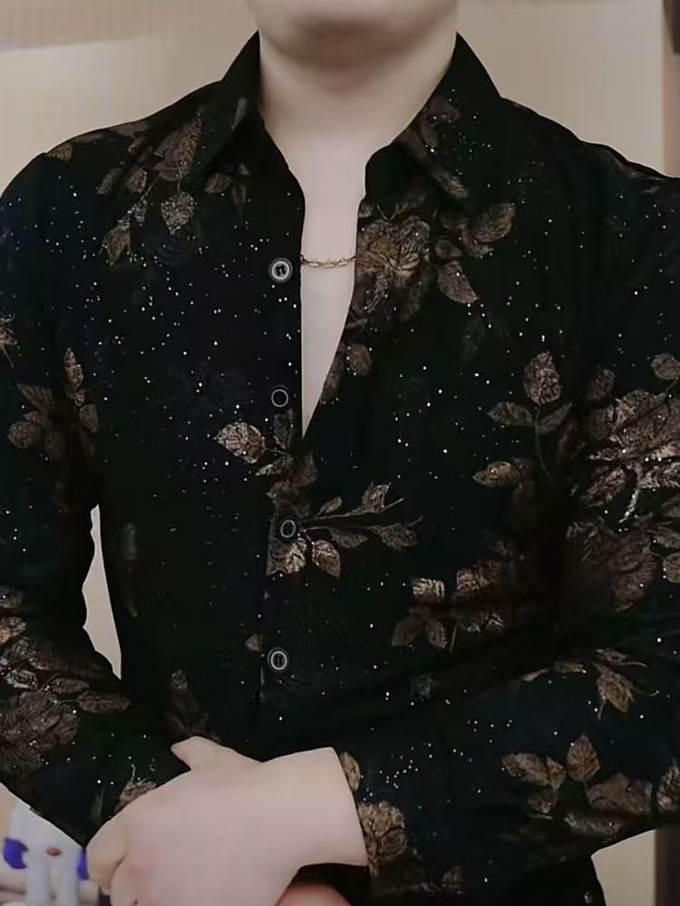 Chemise pour hommes à manches longues automne et hiver mode revers tendance beau imprimé décontracté corps mince