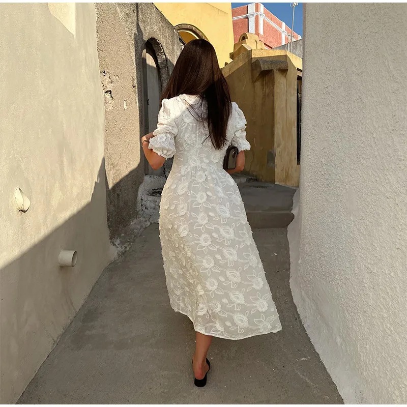 Vintage femmes robes 3D fleur broderie Boho plage vacances Robe longue manches bouffantes Robe décontracté élégant été printemps robes