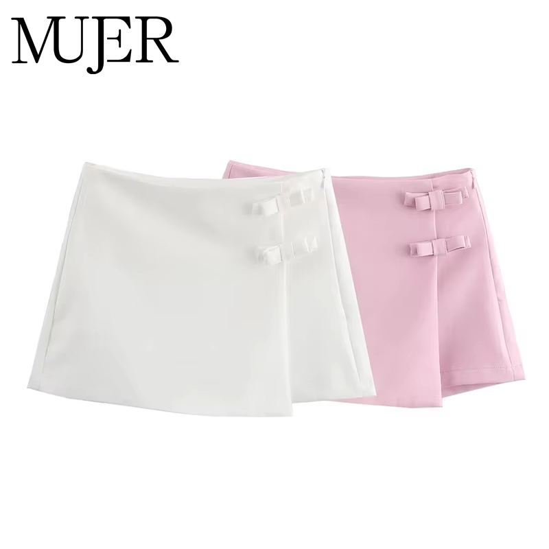 Jupe-short rose et blanche pour femme, mini-jupe tendance avec nœud, jupe courte fendue d'été, jupe-short taille haute pour femme