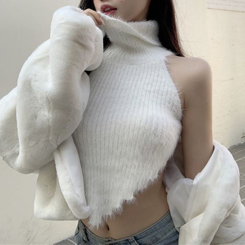 Femmes automne hiver sans manches chemise à bascule épaules dénudées pull gilet débardeurs tricoté col roulé pulls dames hauts