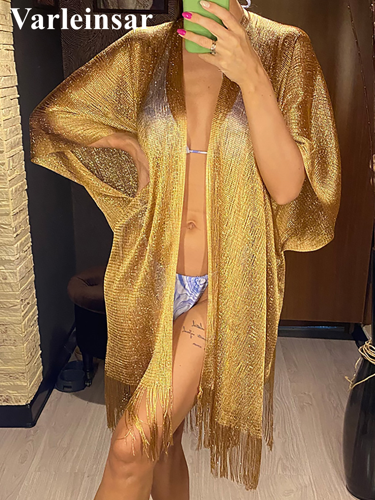 Robe de plage en maille à franges pour femmes, tunique transparente et brillante, cover-up de plage, vêtements de plage, V3321