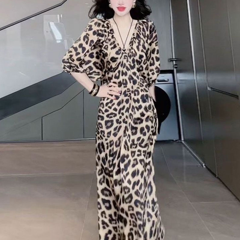 Robe longue léopard décontractée à manches mi-longues pour femmes, col en V, plis, ceintures trapèze, vêtements élégants, mode d'été, sexy