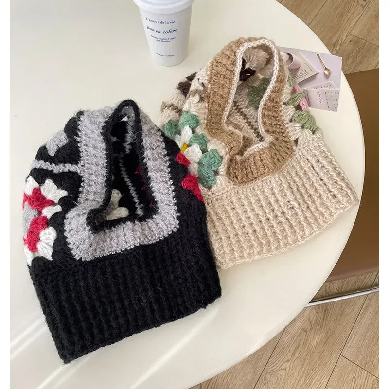 Cagoule en Crochet faite à la main pour femmes, chapeaux d'automne et d'hiver, pull tricoté en laine, bonnets, cache-cou, casquettes à capuche