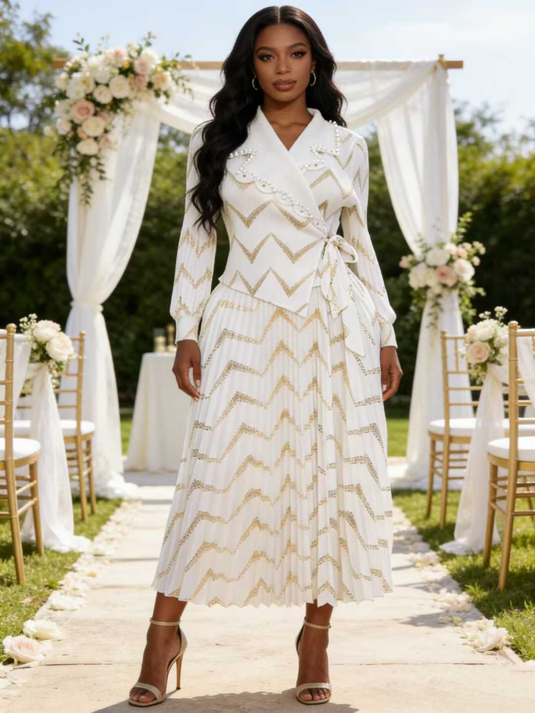 Robe Grande Taille Plissée Longue Miyaki avec Ceinture à Nouer, Style Socialite Élégant et Décontracté Amincissant, Demi-Cardigan Estampillé Or, Tendance Transfrontalière, Vente Chaude