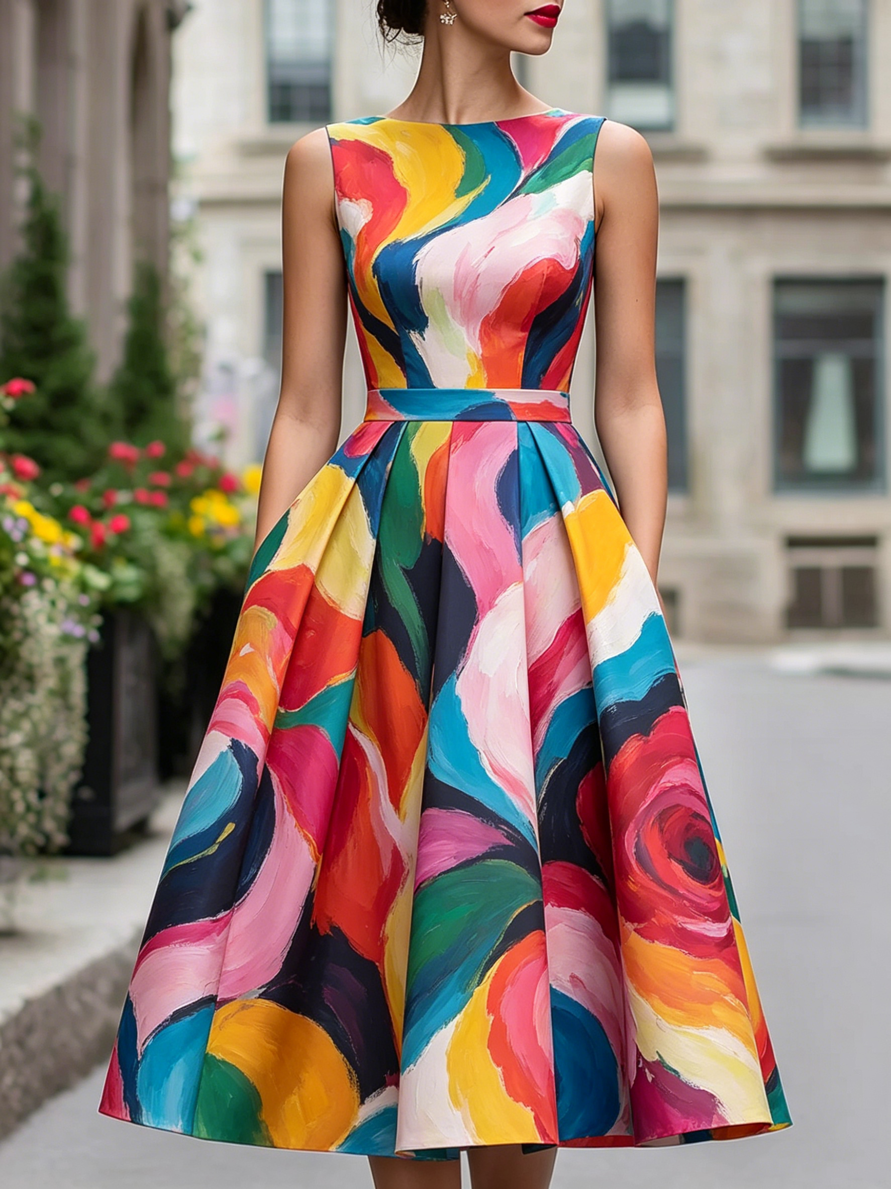 Robe midi d'été pour femmes, imprimé coloré, sans manches, coupe évasée, plissée, décontractée, élégante, polyvalente, pour toutes les occasions
