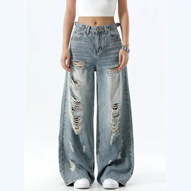 Jean taille haute coupe droite pour femme, pantalon en denim ample amincissant avec déchirures, mélange coton et polyester, pantalon long