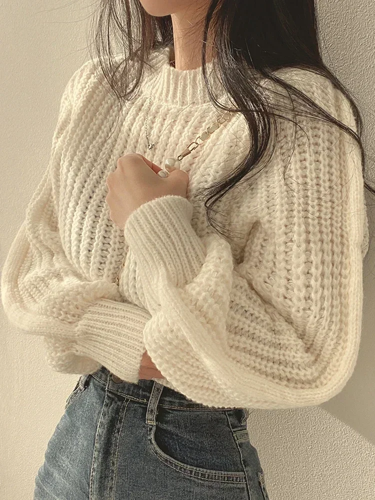 Hiver tricots pull femmes en vrac Vintage Harajuku lanterne à manches longues pull coréen automne femme doux dessus chaud Chic solide