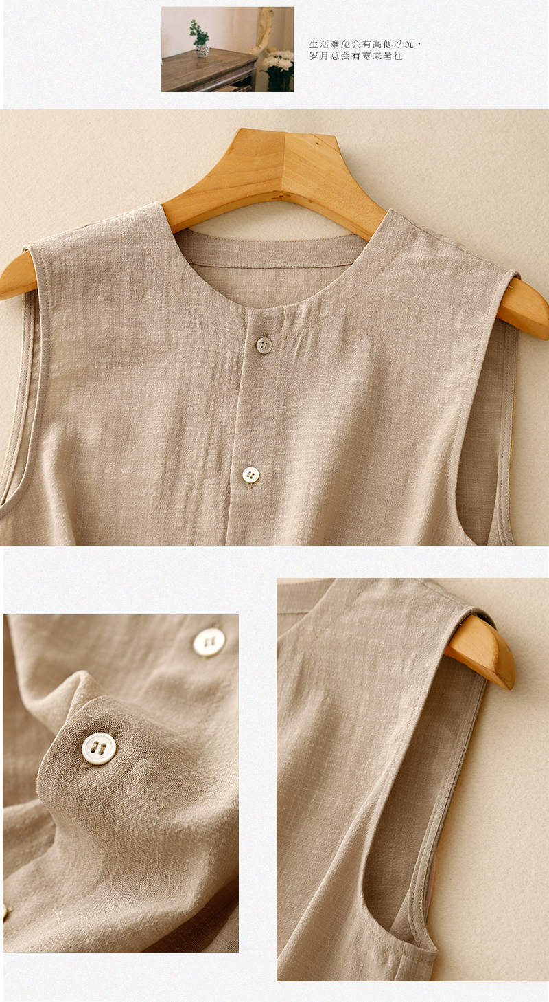 Gilet en coton et lin pour femmes, Style coréen, rose doux, kaki, veste d'été fine sans manches, col rond, boutons, chemises de couverture, Cardigan