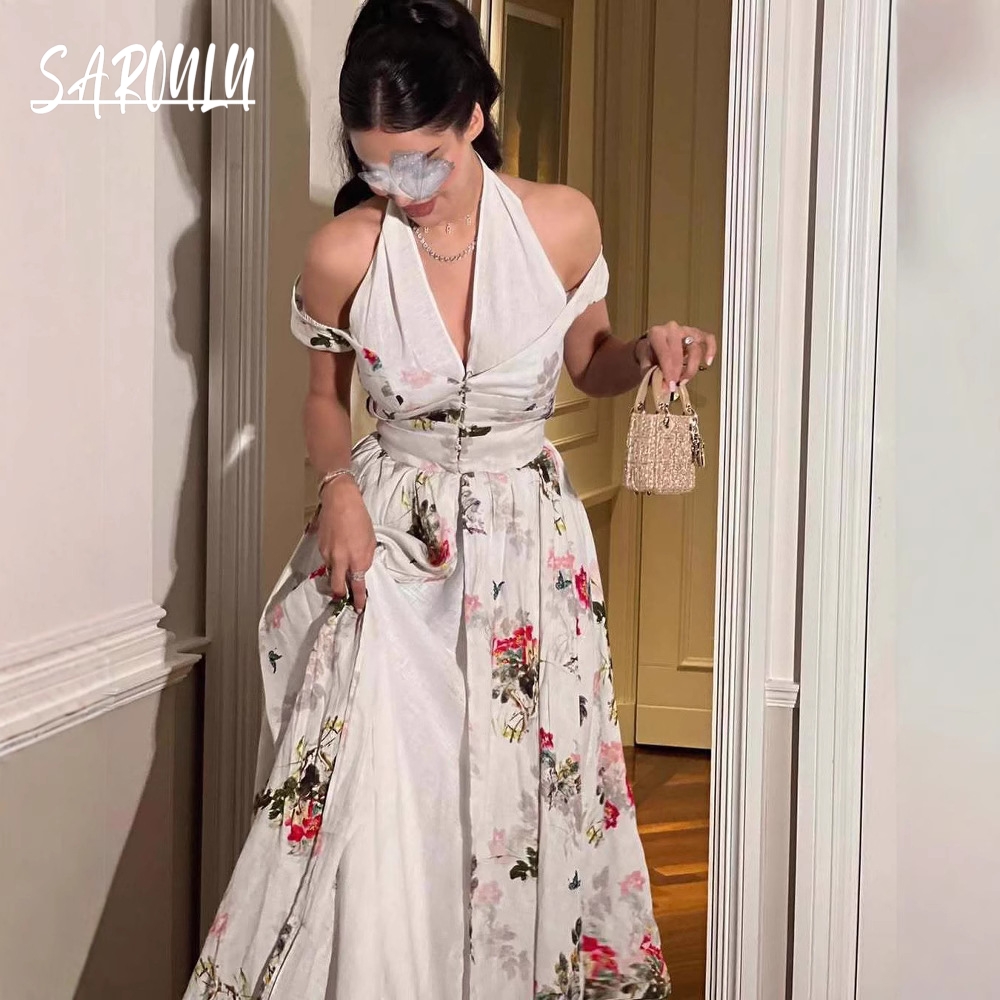Romantique moyen-orient en mousseline de soie imprimé fleuri tenue décontractée blanc licou une ligne robe de bal pour printemps été de haute qualité