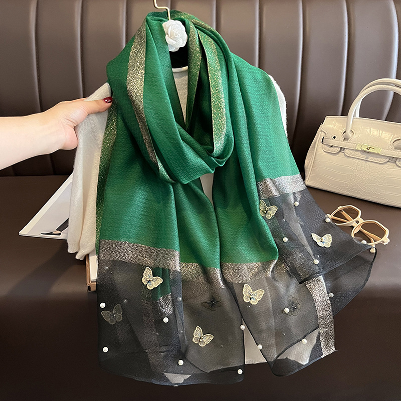 Foulard châle en soie de luxe pour femmes, Design brodé de fleurs, enveloppes Hijab, Bufandas, Foulard féminin, 2023