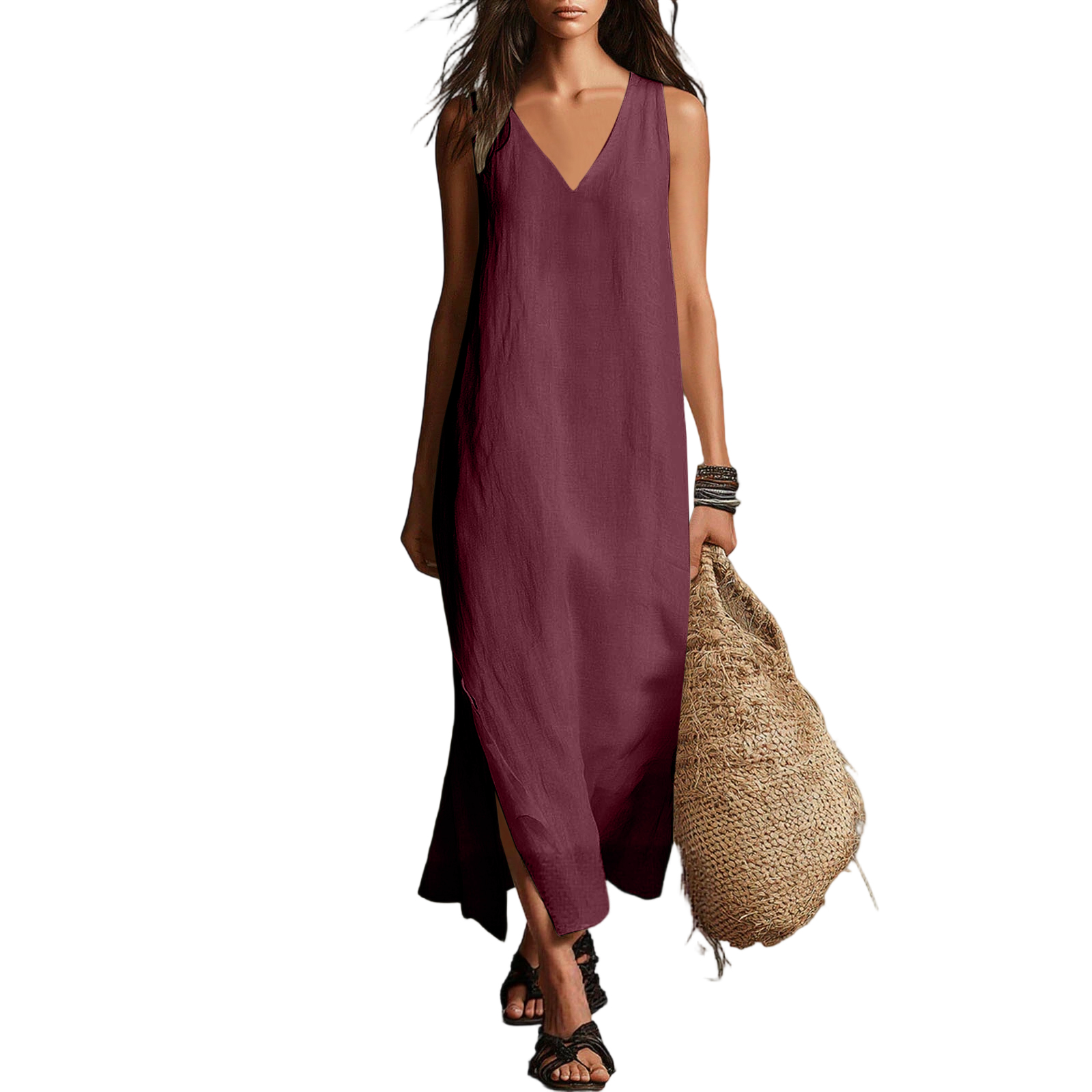 Nouvelle Robe Longue en Coton et Lin pour Femme, Col en V, Sans Manches, Légère, Robe de Plage, Robe Maxi Fendue, Robe Débardeur Unie pour l'Été
