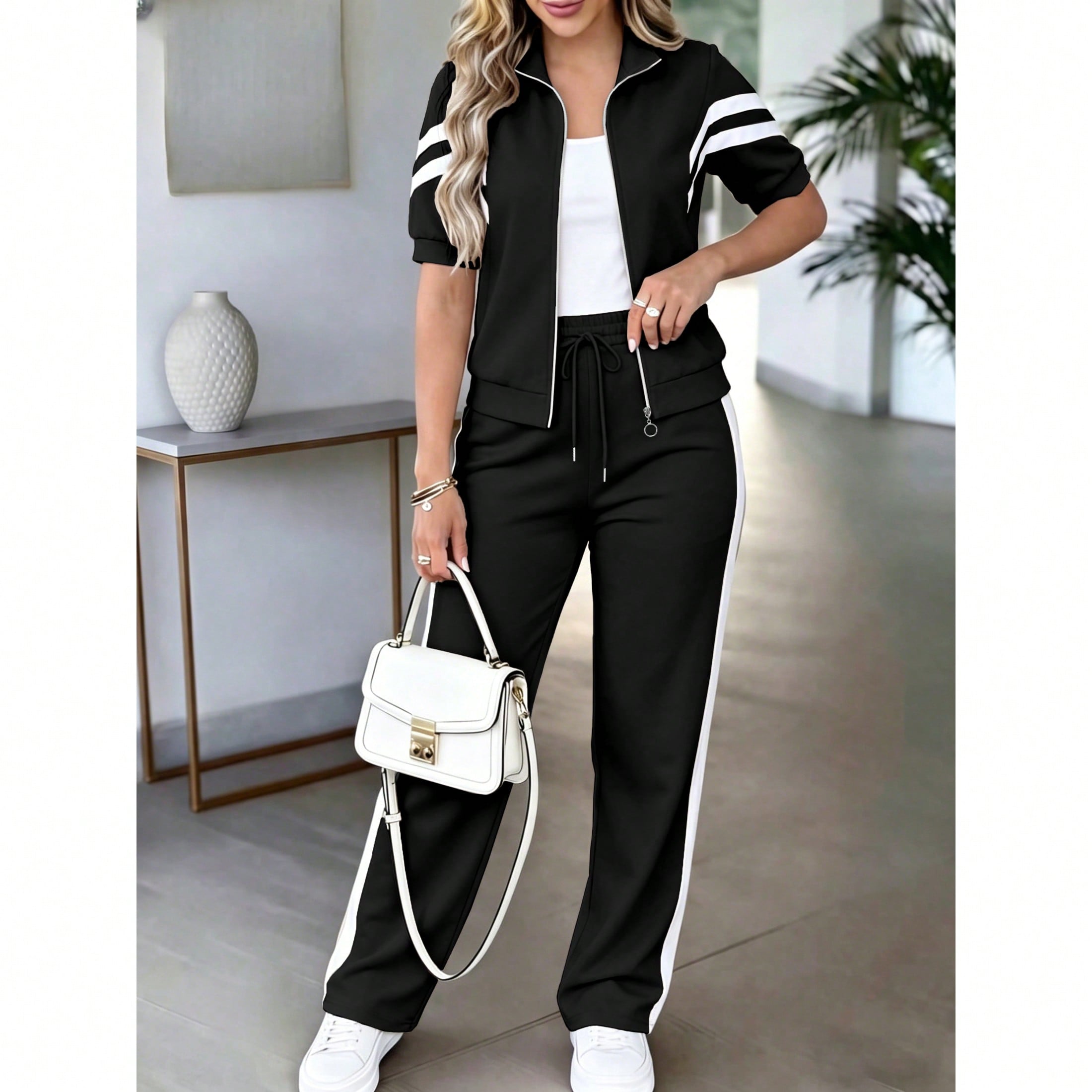 Nouvelle collection 2026 : Ensemble deux pièces pour femmes, style décontracté et élégant pour le travail, comprenant une veste à manches courtes patchwork color-block confortable et ample et un pantalon droit à rayures color-block.
