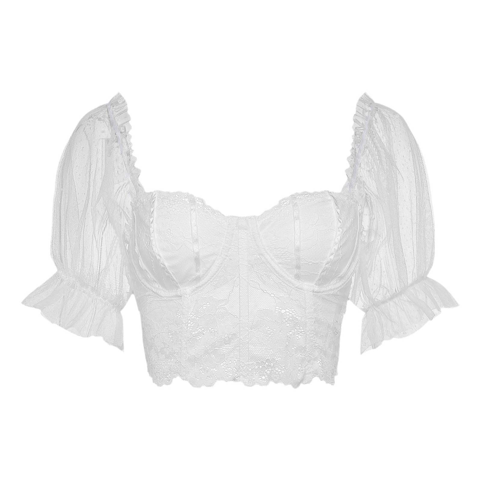 Femmes Blouses Sexy bavarois Oktoberfest hauts à manches courtes pur blanc dentelle manches bouffantes culture hauts traditionnel Dirndl fête Blouse